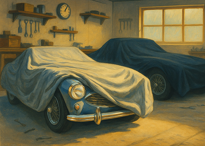 Two Austin Healey classic cars stored in a tidy 1960s-style garage under breathable fabric covers, softly lit by warm morning light — illustration showing proper winter car storage and ventilation.