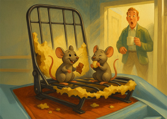 Humorous 1950s-style gouache illustration of two cute mice chewing a classic Austin Healey car seat while the shocked owner stands in the garage doorway holding a mug, rendered in vintage Art Fitzpatrick & Van Kaufman style.