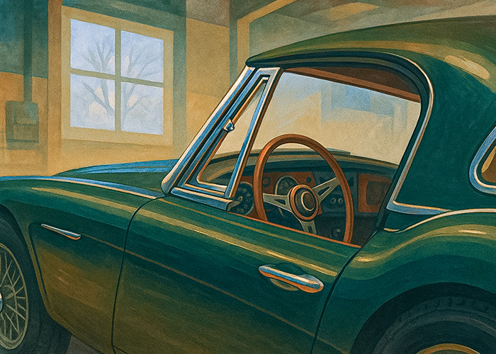 Green Austin Healey with open window