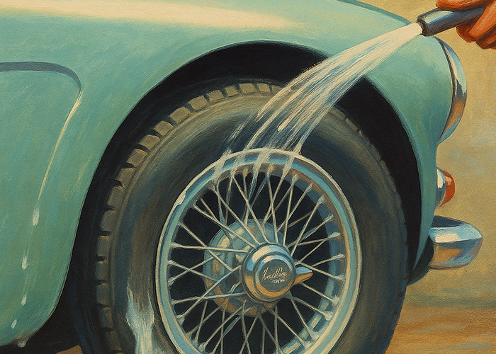 Cleaning salt from Austin Healey wheel arch and sill seam before storage