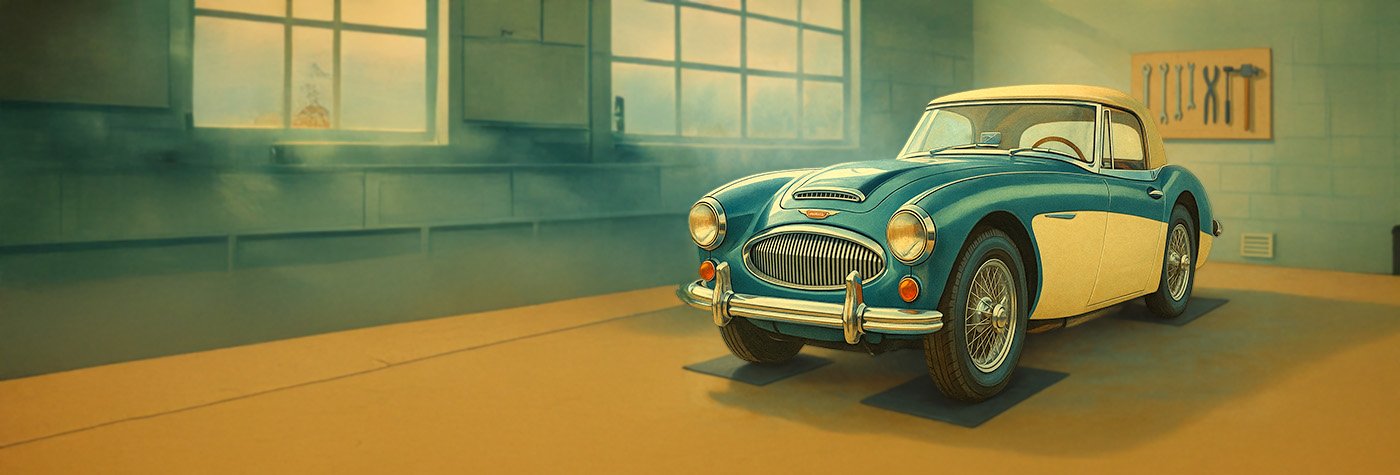 Austin Healey winter storage in ventilated garage with cover and dehumidifier