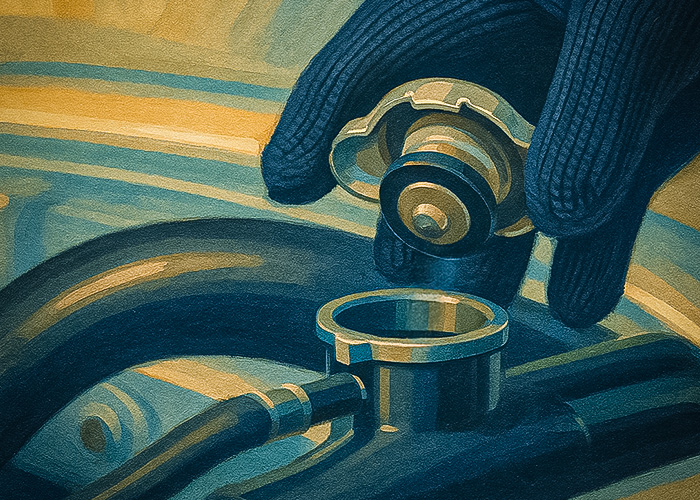 Mid-century style illustration of a gloved hand removing a radiator cap from a classic Austin Healey 3000 engine — rendered in gouache with nostalgic 1950s automotive artwork aesthetic.