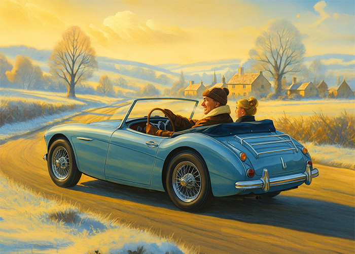 Crisp winter drive in a blue Austin Healey 3000