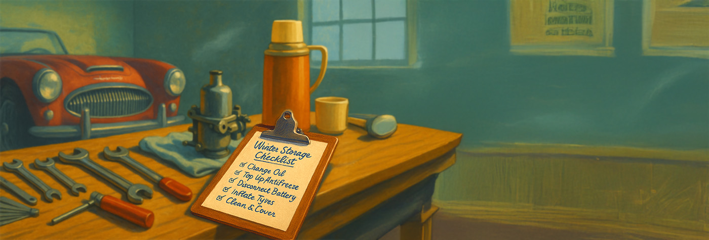 Workshop bench with Austin Healey tools and winter storage checklist