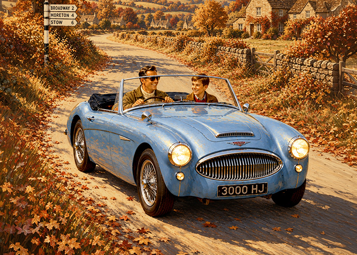 Blue Austin Healey 3000 driving through the English countryside in autumn with its headlights on