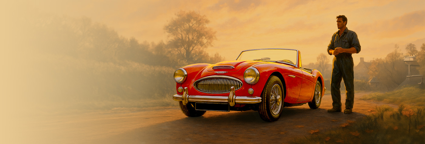 Austin Healey outside a workshop in autumn, ready for seasonal checks and winter project planning