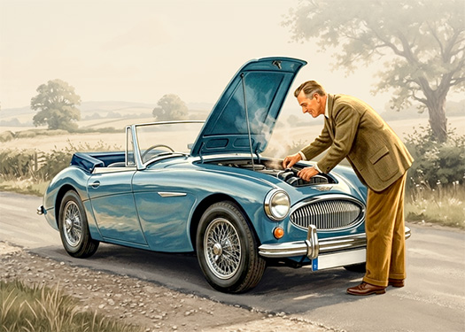 Blue Austin Healey 3000 stopped on a country road during a maintenance check