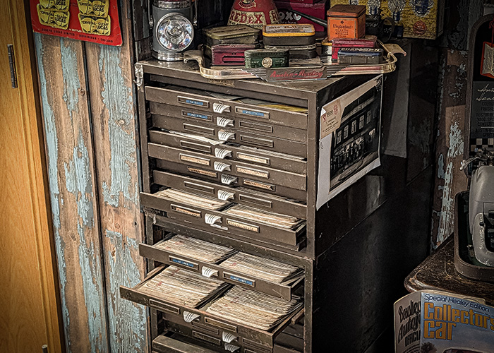 A H Spares historic Kardex filing system used for Austin Healey parts reference