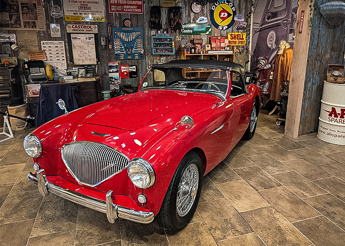 Austin Healey BN1 displayed inside the A H Spares showroom