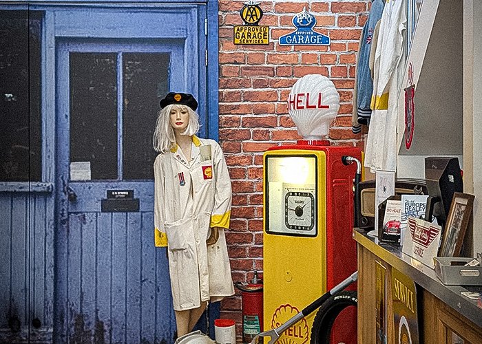 Restored vintage Shell petrol pump displayed in the A H Spares showroom
