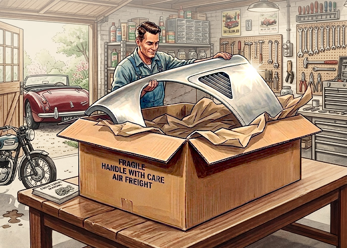 Austin Healey owner unpacking front wing panel from international shipping box showing safe delivery and handling of classic car parts
