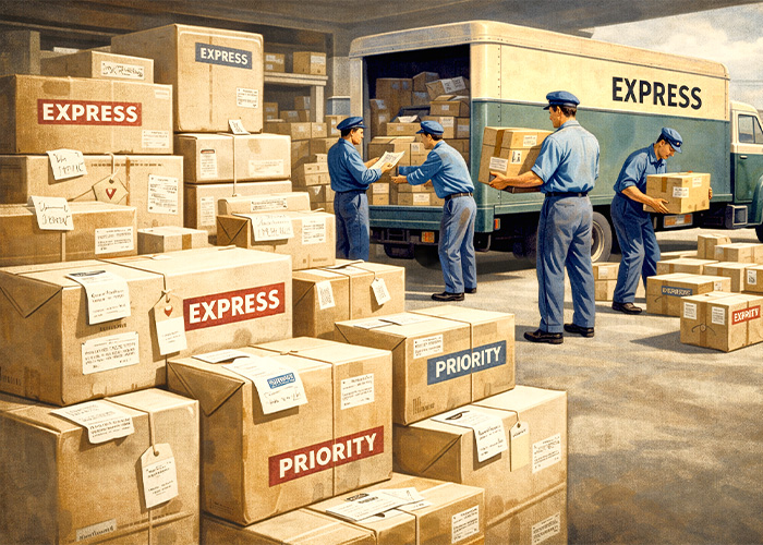 Busy retro parcel depot scene illustrating peak season shipping demand