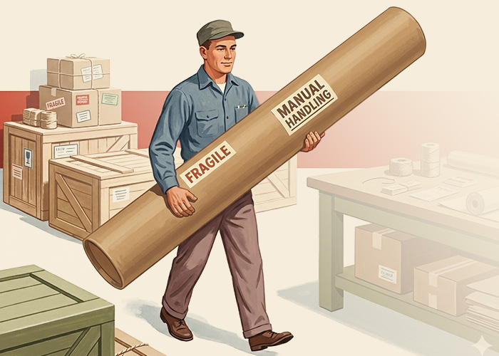 Fragile irregular parcel requiring manual handling in a retro dispatch scene