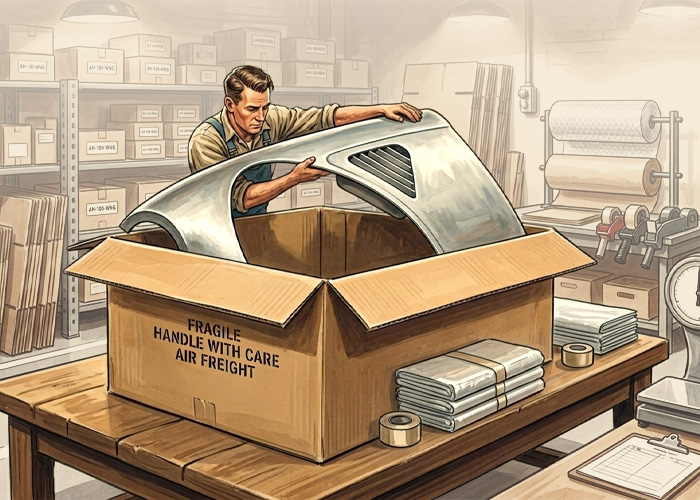 Large lightweight classic car part packed in an oversized carton for export