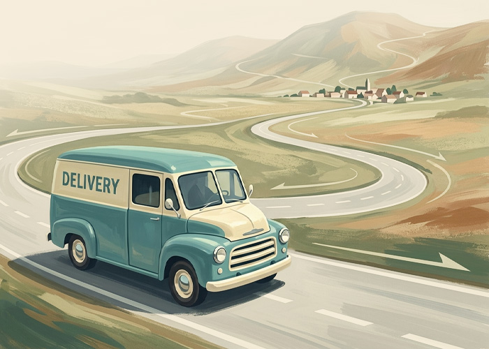 Retro delivery route illustration showing parcel transport to a remote destination