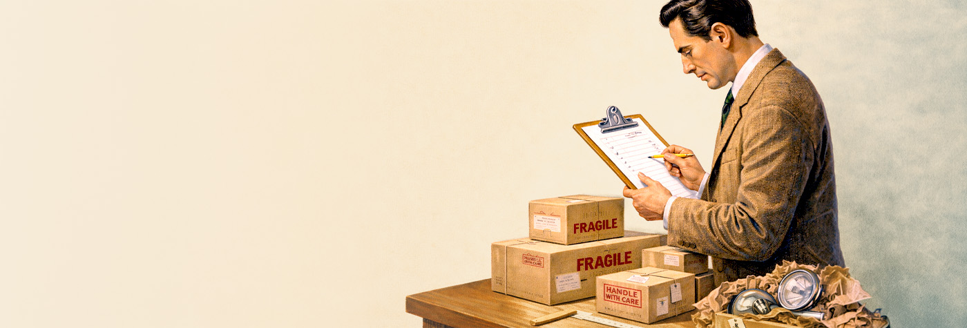 Retro shipping checklist scene with packed classic car parts ready for international delivery