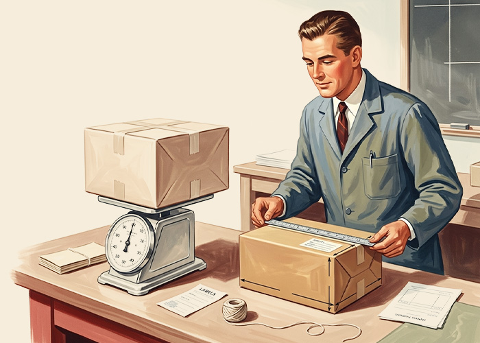 Vintage parcel weighing and measuring station showing shipping cost based on size and weight