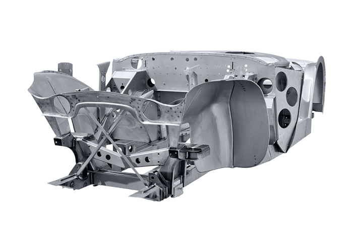 Austin Healey BT7 centre-change inner bodyshell assembly manufactured by A H Panels and displayed at Rétromobile 2026.