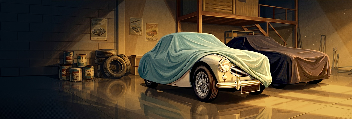 Two Austi n Healey cars in storage, ready for driving in the new Spring season