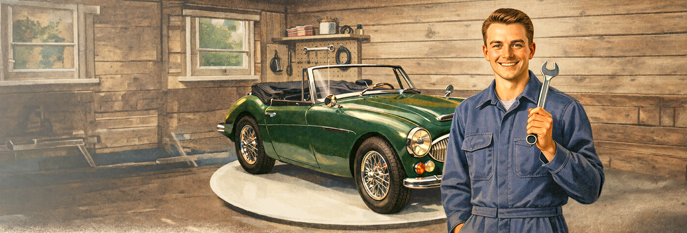 Austin Healey owner using a spanner in a 1950s-style home garage