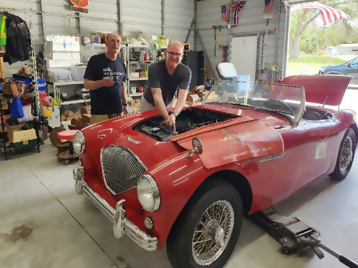 Bill and Mike fitting the head gasket to Bill's Austin Healey 100