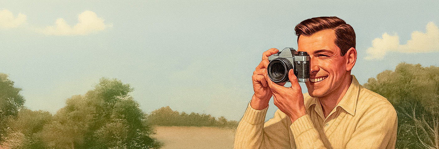 Vintage-inspired illustration of a man photographing a classic car, symbolising how to take the best Austin Healey listing photos.