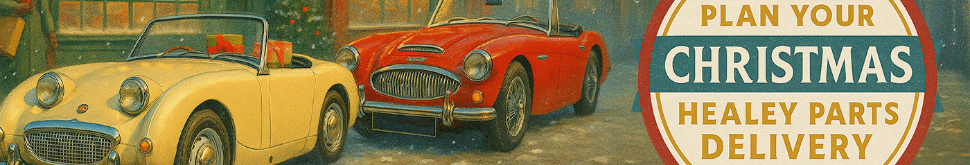 Austin Healey Sprite and 3000 parked on a snowy 1960s Christmas high street with festive shop lights, illustrating A H Spares Christmas delivery planning.