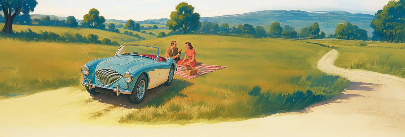 Austin Healey picnic scene mid-century art style