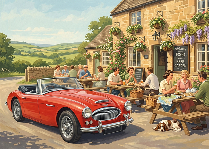 Austin Healey 3000 at Spring Bank Holiday garden gathering with family, picnic food and soft drinks