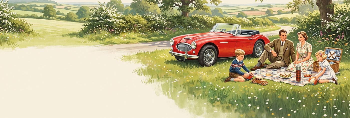 Austin Healey 3000 at sunny Spring Bank Holiday countryside picnic with family and friends