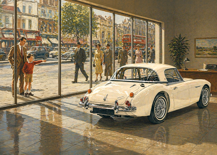 Austin Healey 3000 in closed 1960s showroom with family looking through window from busy street