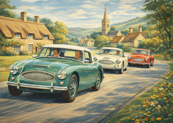 Austin Healey cars driving through English countryside village in spring classic car convoy