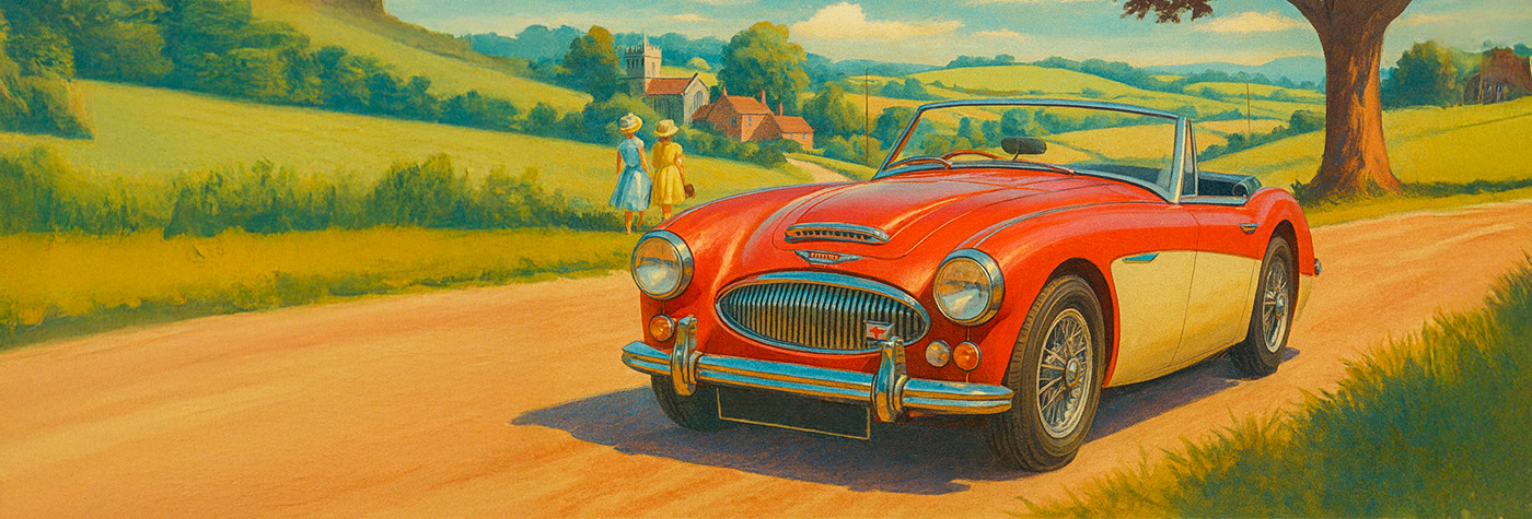 Illustrated 1960s-style scene of a red Austin-Healey convertible with cream side panels parked on a sunlit country lane, with rolling green hills, a village church, and two women in summer dresses in the background under a bright blue sky.