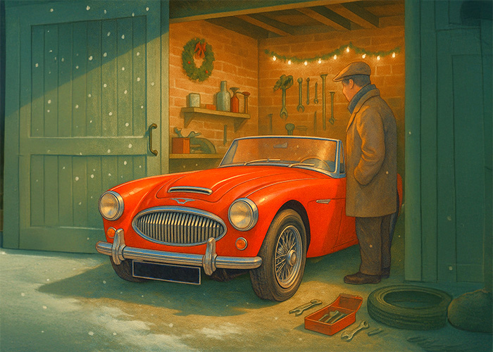 Mid-century illustration of an Austin Healey in a warm winter garage with tools and subtle festive decorations.