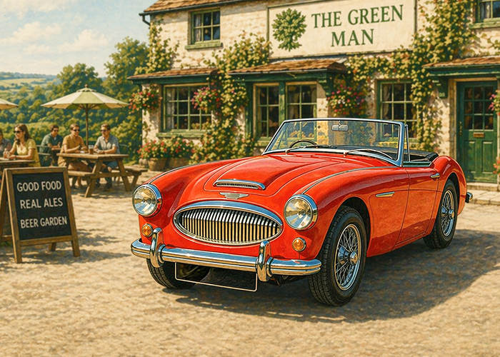 Austin Healey 3000 parked outside English pub on sunny day during classic car countryside drive