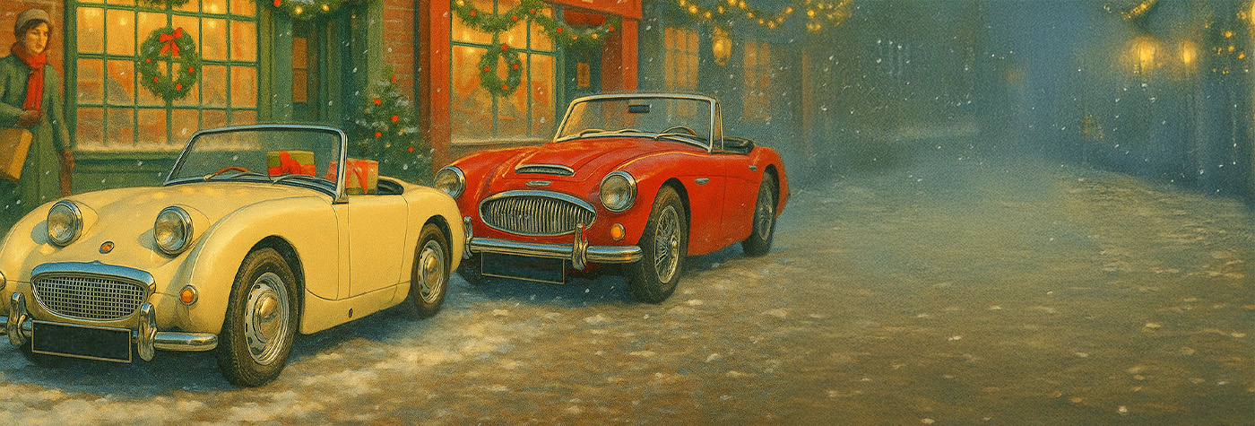 Festive 1960s English high street illustration with Christmas lights, shoppers and classic buildings, used as hero image for A H Spares Christmas 2025 blog.