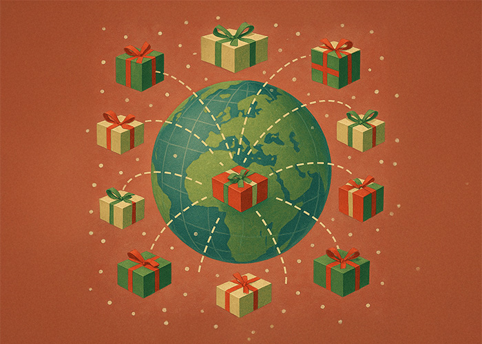 Mid-century style illustration of festive worldwide parcel deliveries with globe, snow and Christmas presents.