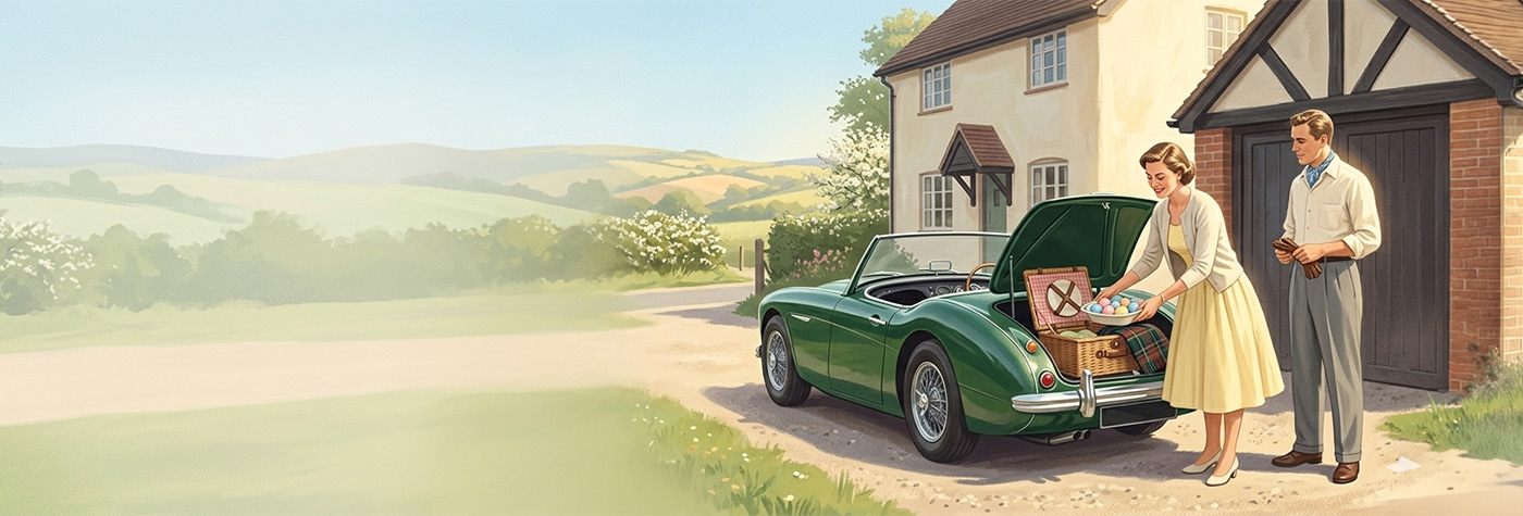 Austin Healey prepared for Easter countryside drive with picnic basket and couple outside garage