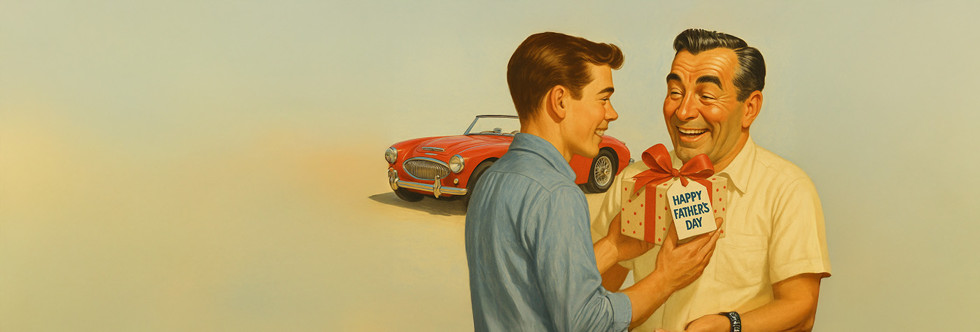 Artistic rendering of a son presenting a gift to his father