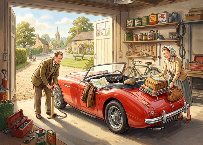 Austin Healey 3000 being prepared for Spring Bank Holiday drive with picnic basket and tools