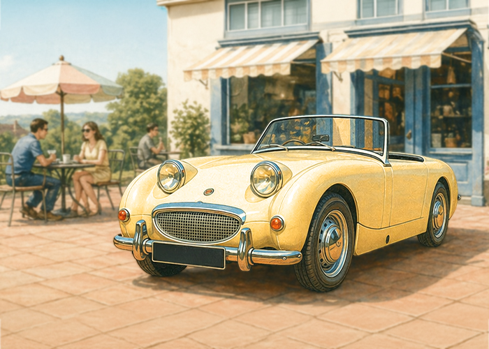 Austin Healey Sprite parked outside café on sunny day during classic car summer drive