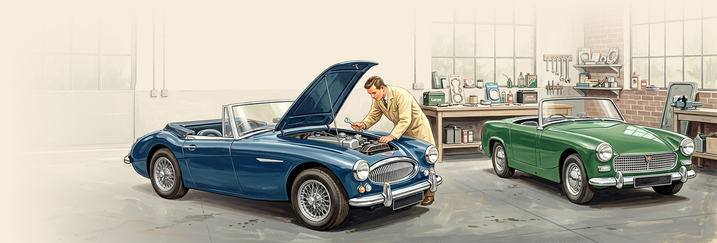 Retro illustration of a Big Healey with its bonnet open beside an Austin Healey Sprite in a workshop
