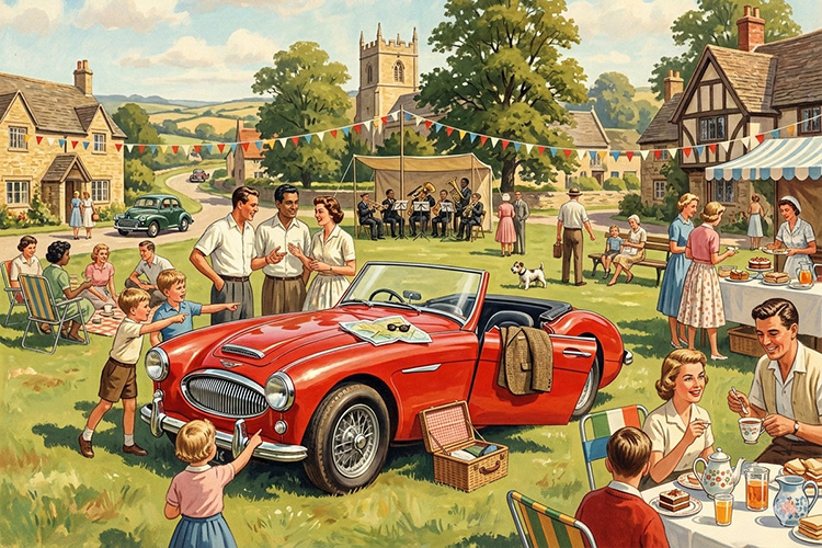 Austin Healey 3000 at English village summer fete during Spring Bank Holiday weekend