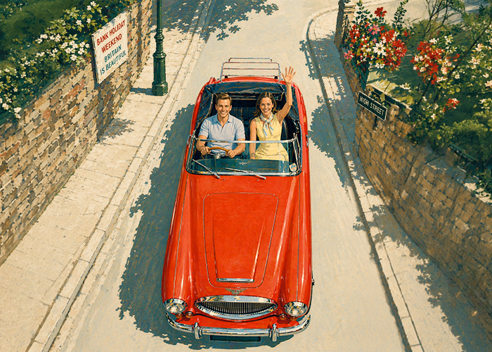 Austin Healey 3000 convertible driving on sunny English village street during Bank Holiday weekend