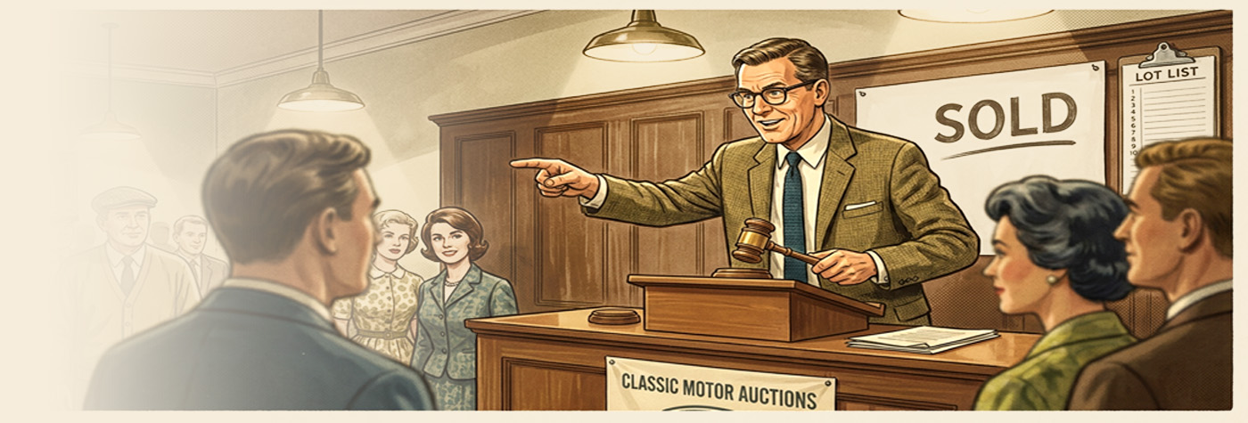 1960s-style illustration of a classic car auctioneer declaring a vehicle sold at auction