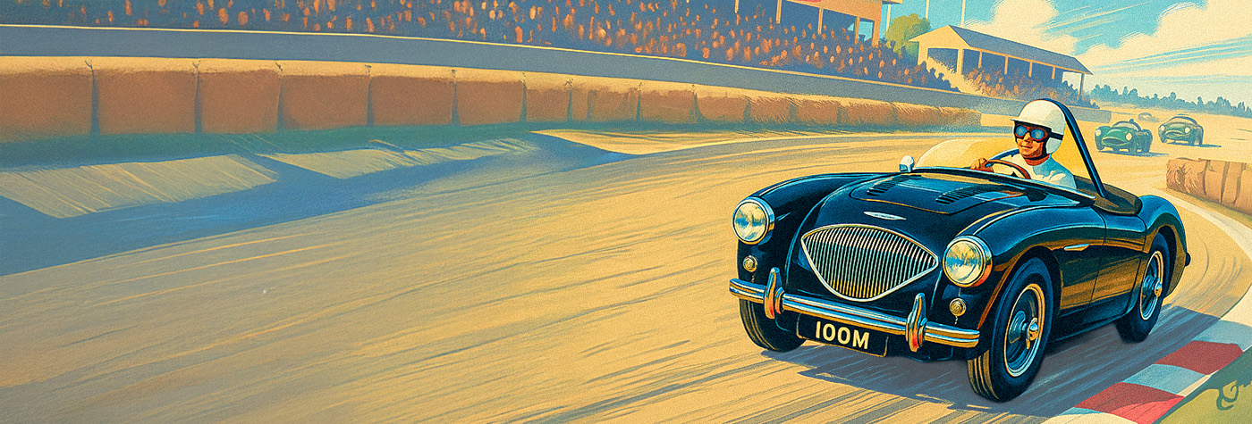 Illustration of an Austin Healey 100M Le Mans sports car racing on track with driver wearing helmet and goggles, celebrating the 70th anniversary of the Healey 100M.