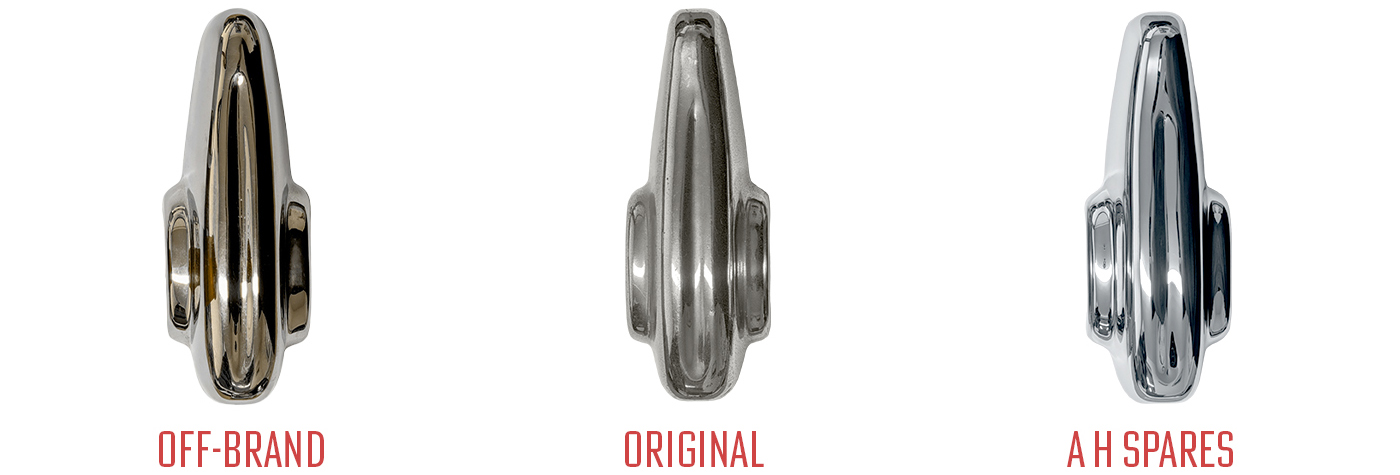 Comparison image showing an off-brand over-rider, and original over-rider and an accurate reproduction over-rider from A H Spares