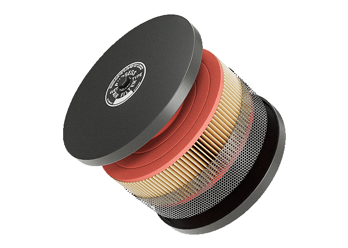 Cutaway view of Austin Healey 100 Burgess air filter assembly showing internal paper element and aluminium plaque.