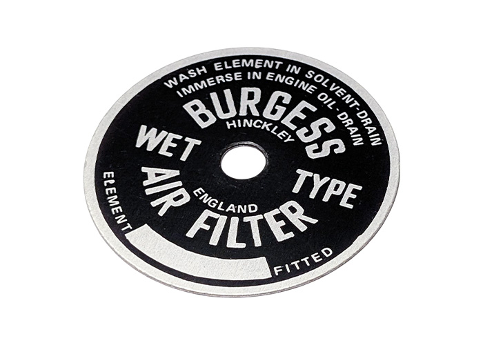 Reproduction Burgess Air Filter plaque for Austin Healey BN1 and BN2 models, precision printed aluminium with white lettering.