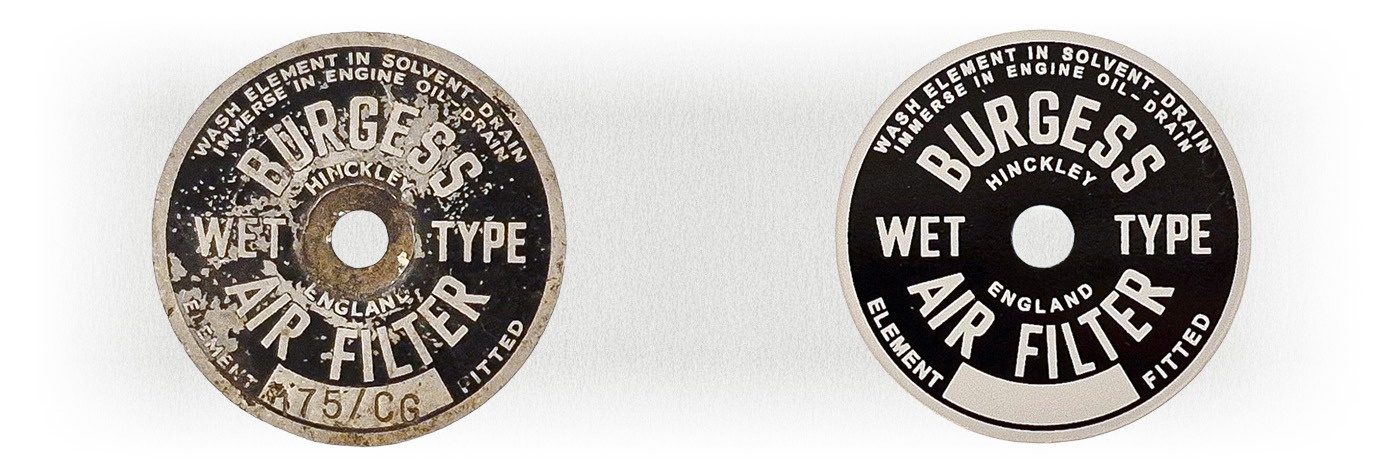 Side-by-side comparison of original and A H Spares reproduction Burgess Air Filter plaques for Austin Healey 100.